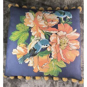 Floral with Crewel Stitched Bird Print Throw Pillow Cushion Pom Pom Trim